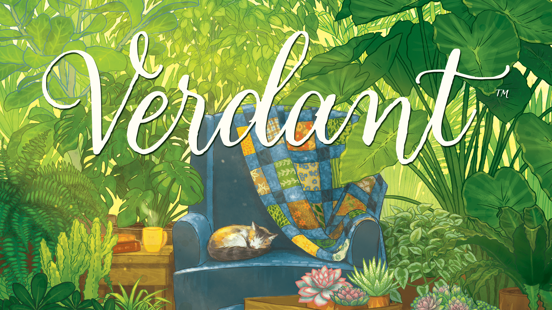 Verdant logo over a section of the cover, the cover has a blue sofa with a quilt and a calico cat sleeping surrounded by a lot of plants