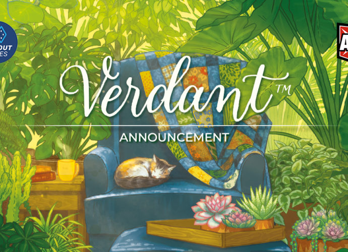A blue single sofa with a cat resting surrounded by a lot of plants used as background it has the Verdant game logo, Alderac Entertainment Group logo and Flatout Games logo