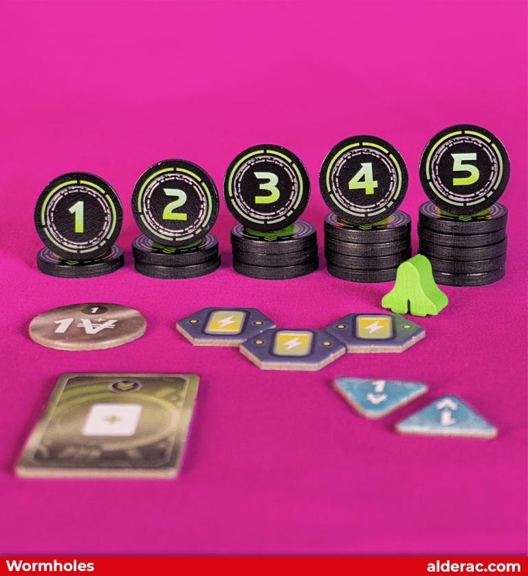 A closeup of the wormholes game components for 1 player