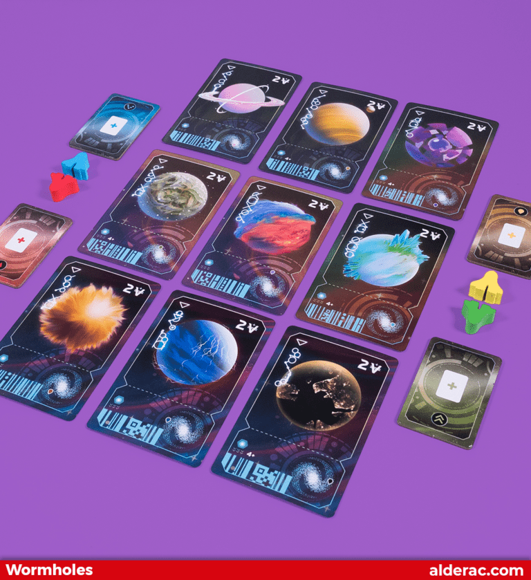 Wormholes cards in a gread with some ship tokens and pick up tokens on ther side