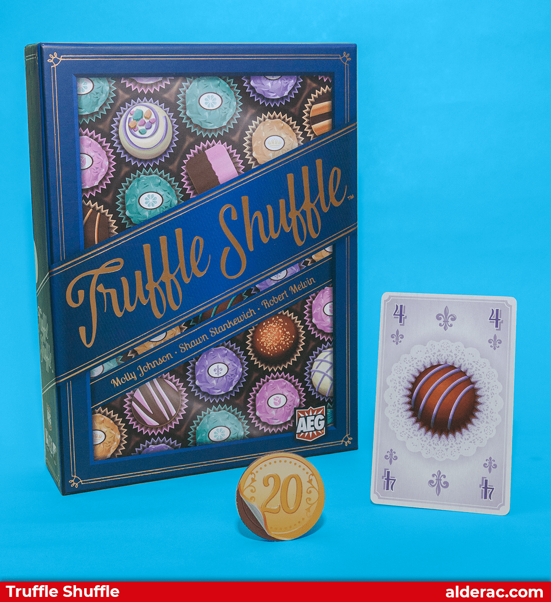 Truffle Shuffle box with a card and a coin