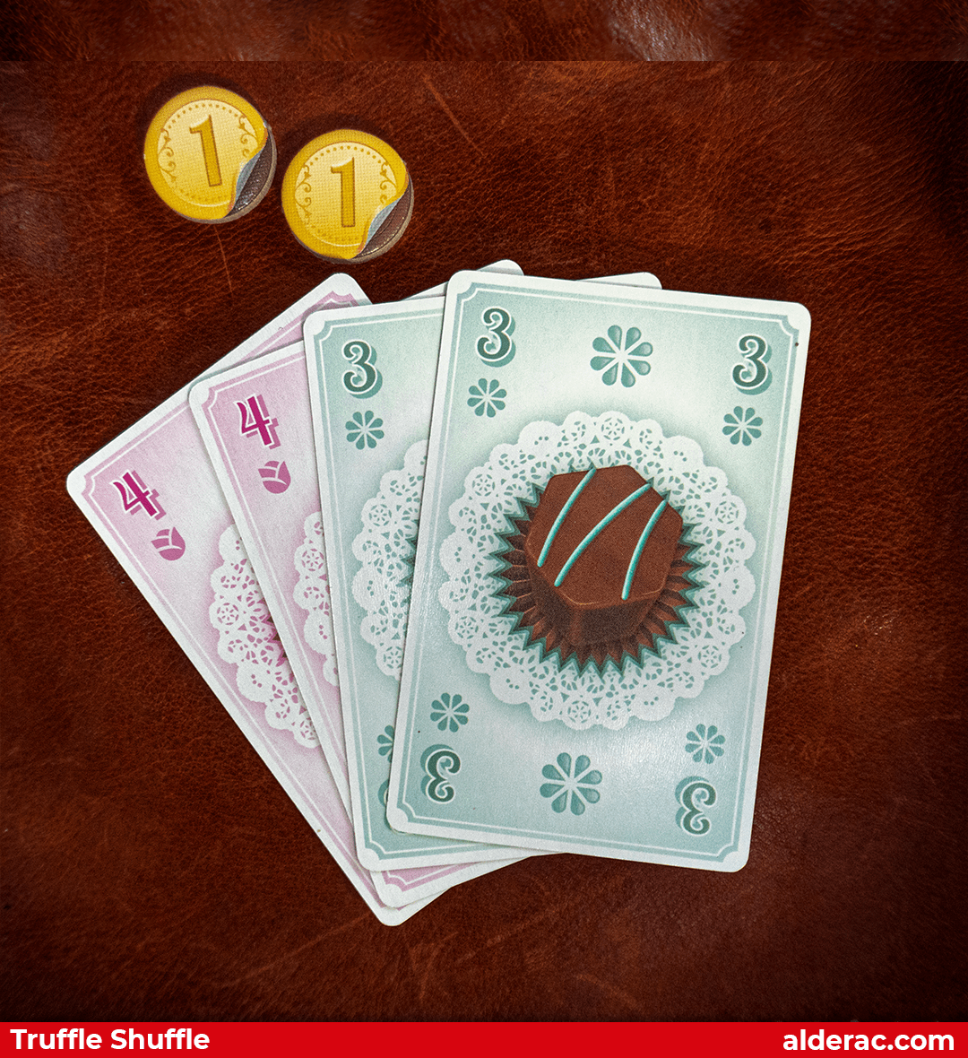 four truffle shuffle cards. Two number 4, two number 3 and two coins