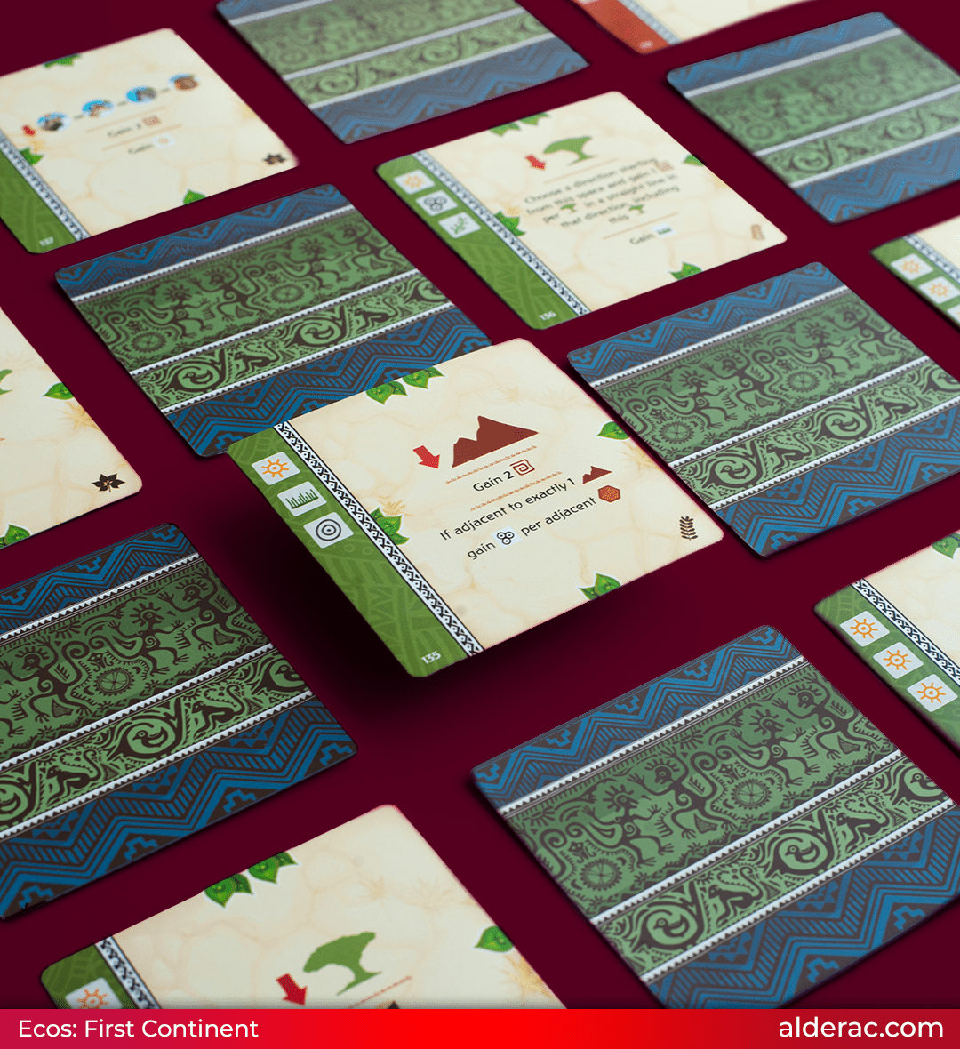 Ecos action cards spread over a burgundy background
