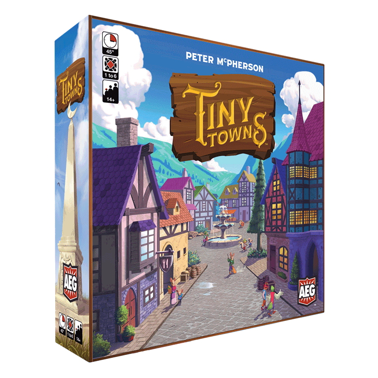 Tiny Towns game box in a slightly tilted view showing the side and the highlighting the front view