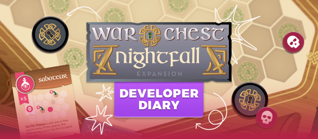 Header banner with a hexboard of warchest, a component card, Warchest Nightfall logo and the words Developer Diary