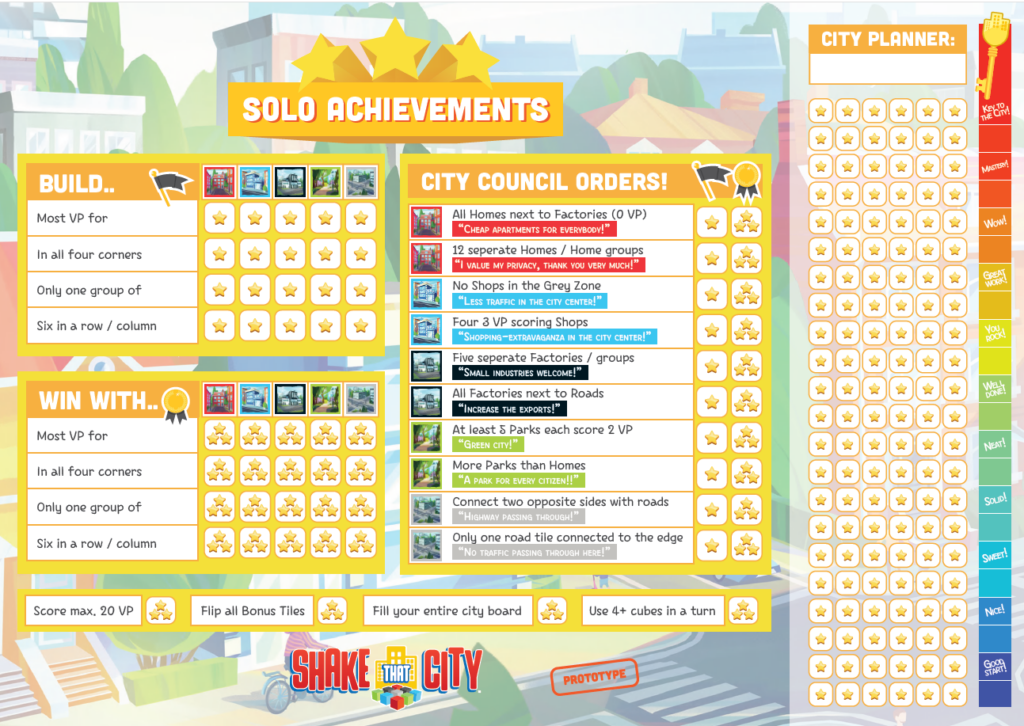 Shake that City achievement sheet. Includes a Solo achievements header and a grid of achievements by building type.