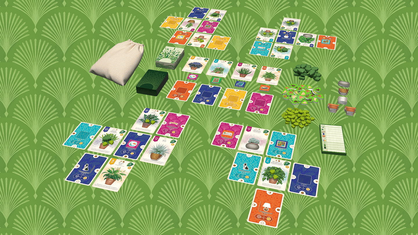 A display of the board game Verdant in play, there are components and cards enough for a four player game, this is over a green mosaic background.